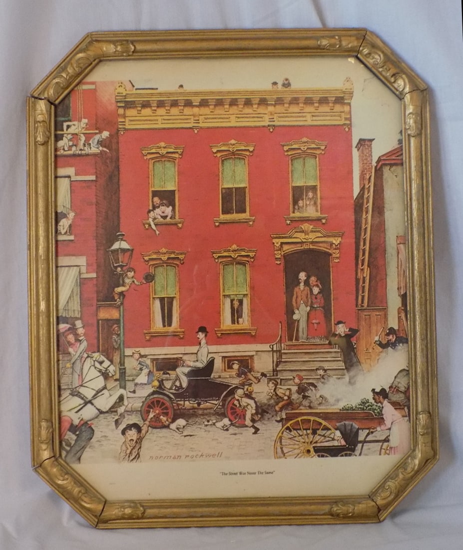 Very nice Normal Rockwell vintage print in gold frame: Very nice Normal Rockwell vintage print in gold frame. The Street Was Never The Same. Marked as shown in photo. In very good original as found condition. Great quality and detail. Frame size 22 &frac1
