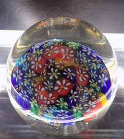 Excellent vintage art glass paperweight with flower millefiori.