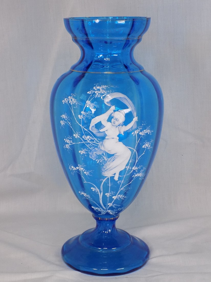Elegant antique hand decorated art glass vase: Elegant antique hand decorated art glass vase Blue glass with child in tree. Beautiful colors. Great quality and detail. In very good original as found condition. White dots are camera reflection. 12 