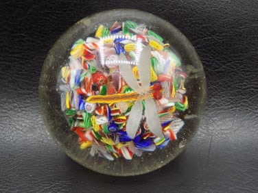 Vintage art glass millefiori paper weight with dragon fly.