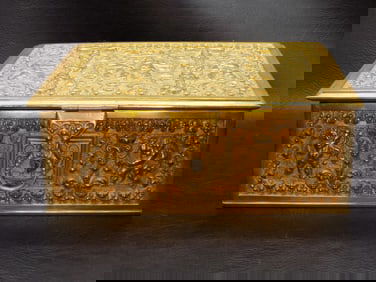 Large fancy antique brass jewelry box with cupids