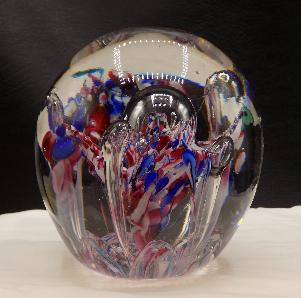 Large vintage art glass millefiori paper weight: Large vintage art glass millefiori paper weight. With blooming flower interior. In very good original as found condition. Great quality and detail.White spots are camera flash reflection. 4 1/4 inches