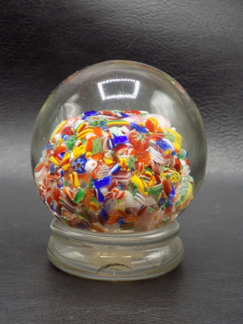 Vintage art glass millefiori paper weight: Vintage art glass millefiori paper weight. With cut cane millefiori. Great quality and detail. In very good original as found condition. White spots are camera flash reflection. 2 3/4 tall x 2 3/8 inc