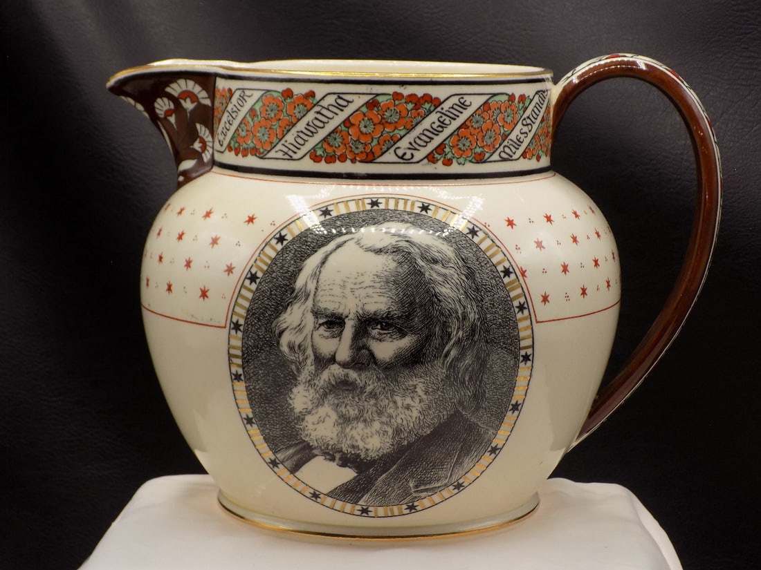 Nicely decorated vintage Longfellow pitcher: Fabulous Longfellow pitcher by Josiah Wedgwood and Sons For Richard Briggs Boston. Marked on bottom as shown in photo. Poem on backside. Beautiful colors. In very good original as found condition. Gre