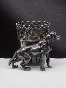 Neat antique silverplated toothpick holder with dog