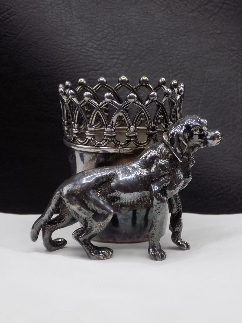 Neat antique silverplated toothpick holder with dog (1 of 7)