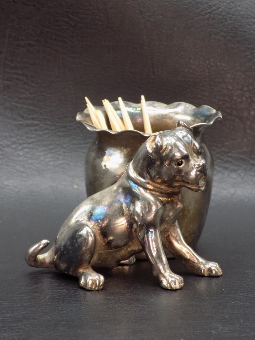 Neat antique silverplate toothpick holder with dog. Original patina (1 of 5)