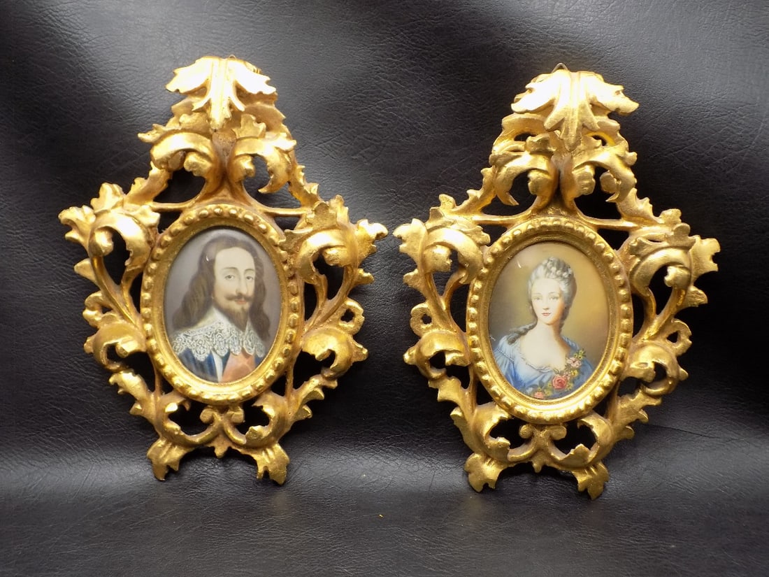 Fabulous pair of hand carved gold guiled picture frames with hand colored portraits: Fabulous pair of hand carved gold guiled picture frames with hand colored portraits. Artist signed Dimare as shown in photo. Frames marked Made in Italy on back. In very good original as found conditi
