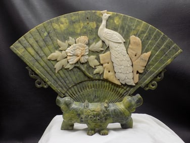 Fabulous carved Oriental hardstone and jade fan with peacock and flowers.