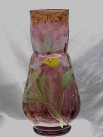 Beautiful Mt. Joy enamel decorated art glass amethyst vase