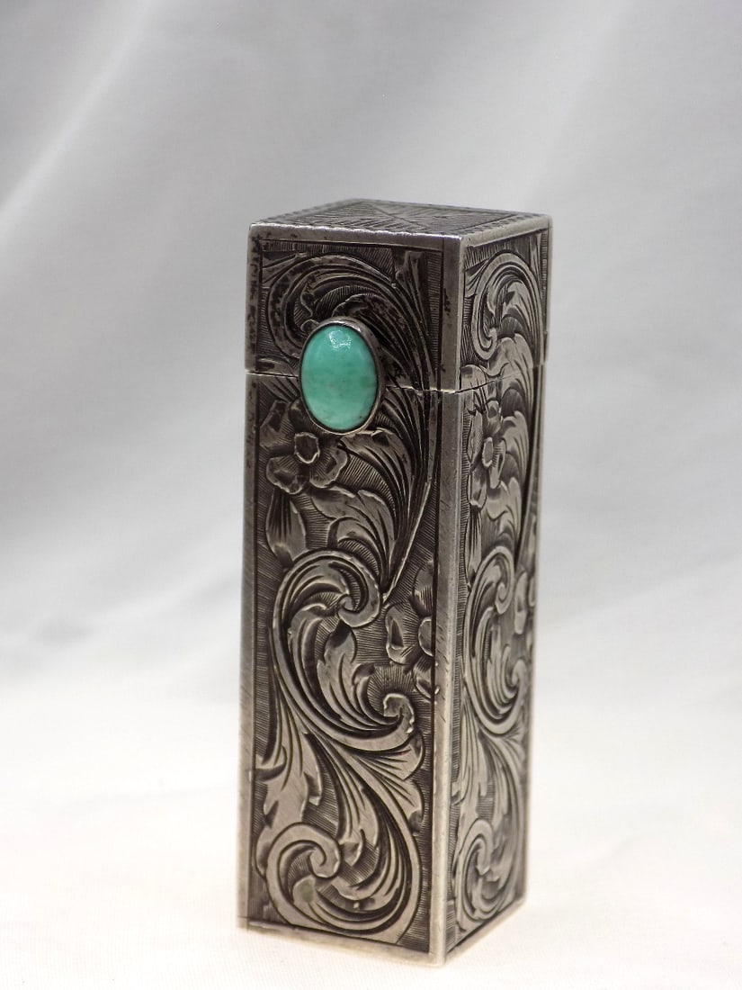 Ornately decorated 800 silver and turquoise lipstick holder.: Ornately decorated 800 silver and turquoise lipstick holder. Has small mirror inside of lid. Marked as shown in photo. In very good original as found condition. Great quality and detail. 2 ¼ lo
