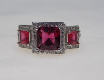 Beautiful 3 cwt ruby and white topaz sterling silver ring