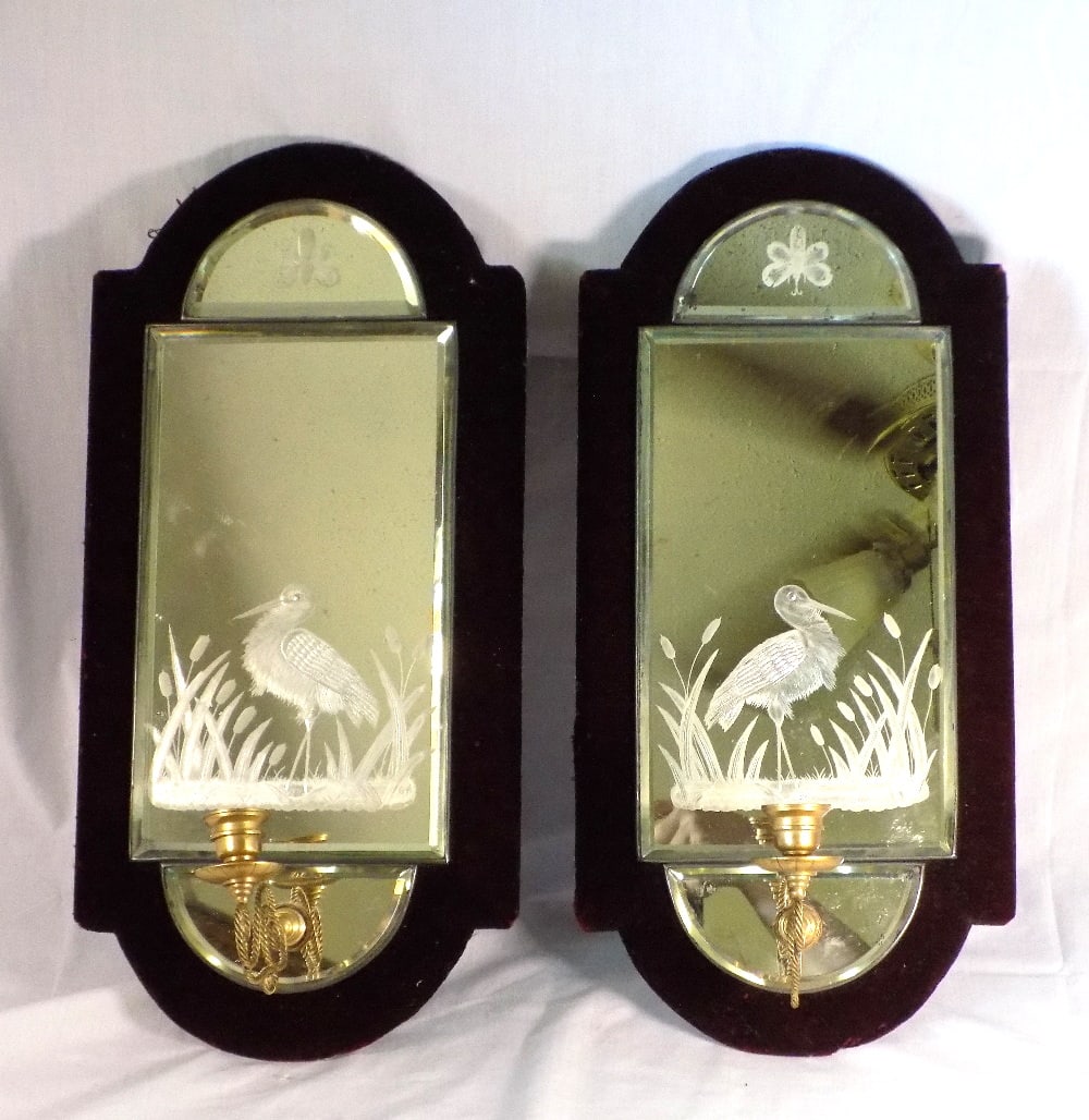 Fine hanging pair of antique mirrors with etched storks in cattails and candleholders: Fine hanging pair of antique mirrors with etched storks in cattails and candleholders. Beveled glass mirrors. With felt border. In very good original as found condition. Great quality and detail. 20 &