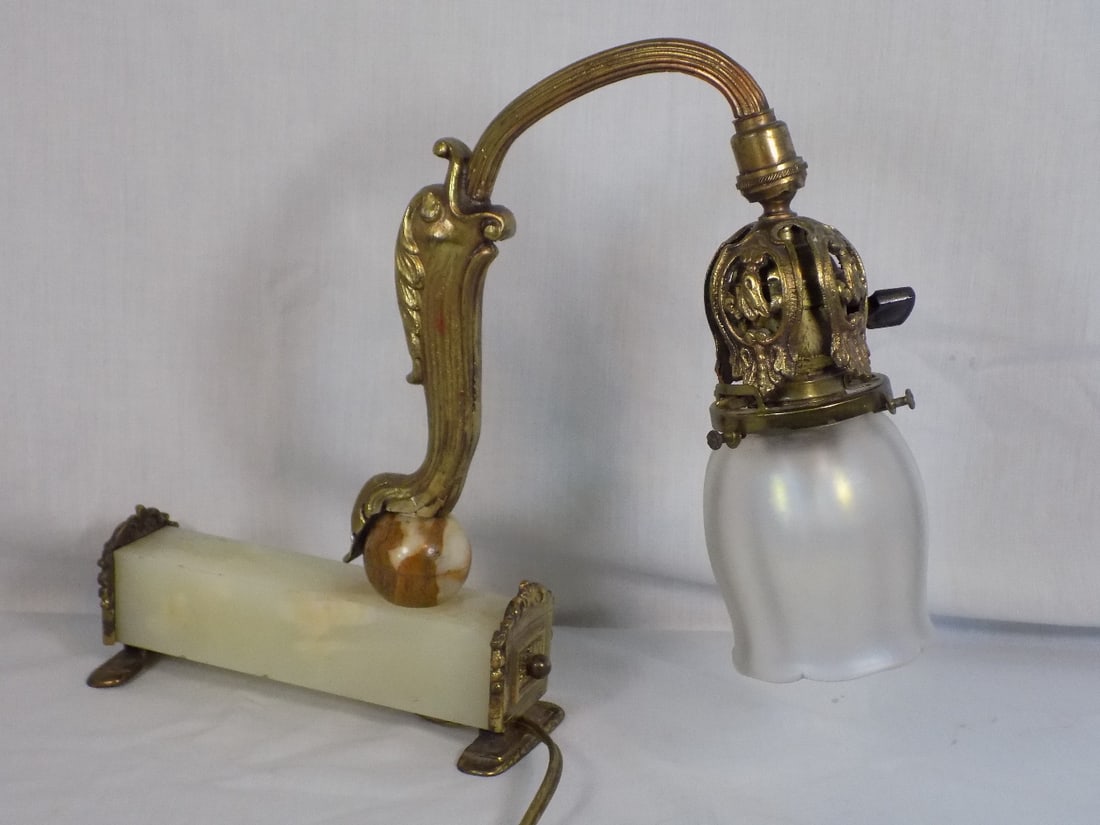 Rare vintage alabaster and brass desk lamp with iridescent shade (1 of 9)