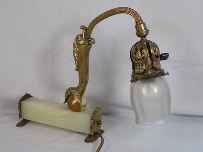 Rare vintage alabaster and brass desk lamp with iridescent shade: Rare vintage alabaster and brass desk lamp with iridescent shade. Has dolphin on arm. In very good original as found condition. Great quality and detail. 10 &frac14; tall. Base 7 inches long. For in h
