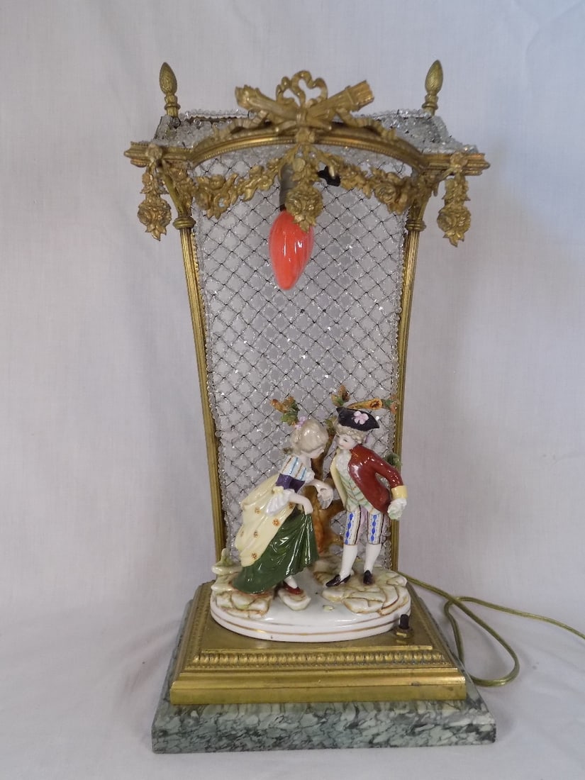 Vintage beaded crystal and bronze porcelain figural lamp with marble base. (1 of 10)