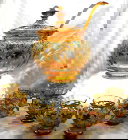 Exceptional antique decorated art glass Moser Punch Bowl and 6 Cups