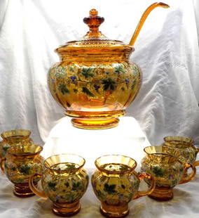 Exceptional antique decorated art glass Moser Punch Bowl and 6 Cups: Exceptional antique decorated art glass Moser Punch Bowl and 6 Cups. With rare matching ladle. Beautiful enamel decoration with grapes and leaves. In very good original as found condition. Great quali