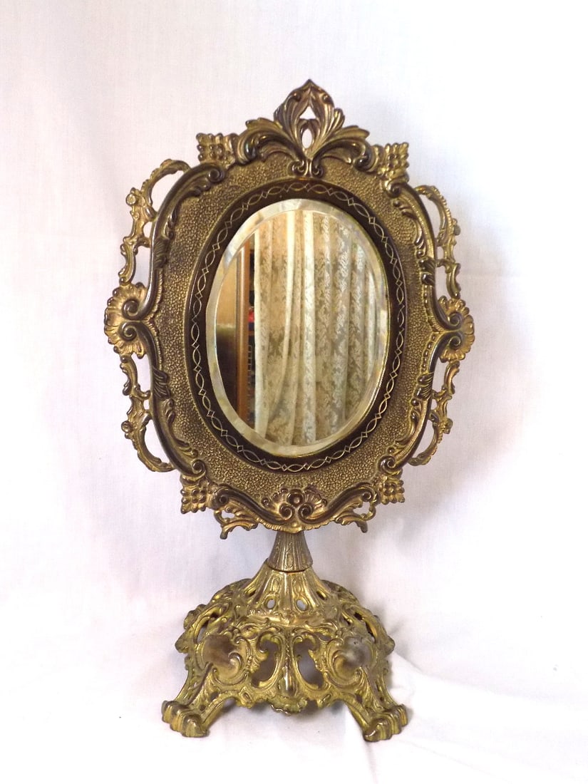 Ornate antique cast iron beveled glass pedestal dressing mirror. (1 of 7)