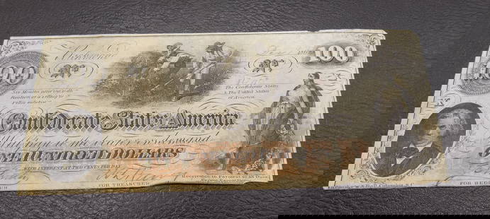 1862 $100 Confederate States of America bill South Carolina: 1862 $100 Confederate States of America bill South Carolina. Please see photos. For in house shipping. Please call Mike at Thriftiques 319-321-0613