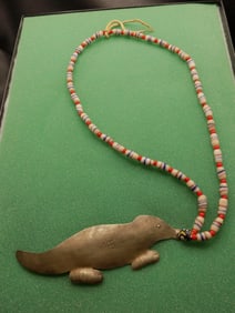Native American Indian colorful trade bead necklace with metal beaver