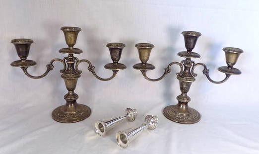 Vintage pair of Gorham sterling silver candelabras: Vintage pair of Gorham sterling silver candelabras. Marked as shown in photo. Made as triple or single candle holders. Pair of single insert candleholders as shown in photo. In very good original as f