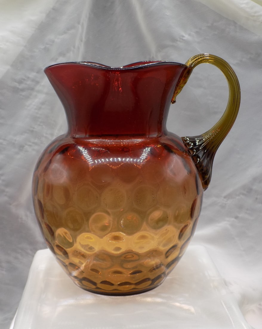 Very beautiful antique Amberina thumbprint art glass pitcher. (1 of 6)
