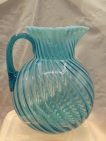 Victorian Northwood art glass blue and white swirl large pitcher
