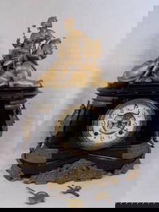 Antique Ansonia Pompei open escapement cast iron mantle clock: Antique Ansonia Pompei open escapement cast iron mantle clock with figural statue on top. Top statue removes from top. Birds on sides. Marked on dial as shown in photo. Runs for a short while and stop