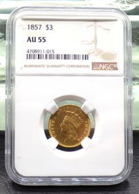 1857 $3 dollar graded AU 55 by NGC gold coin