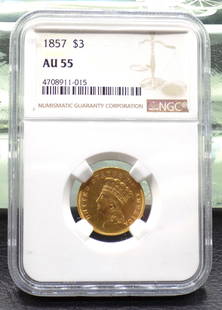 1857 $3 dollar  graded AU 55 by NGC gold coin: 1857 $3 dollar graded AU 55 by NGC gold coin. Please see photos. No credit cards for gold coins. Payment through Live Auctioneers or cashiers check. No shipping out of United States. For in house ship