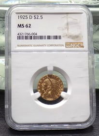 1925 $2 ½ dollar graded MS 62 by NGC gold coin