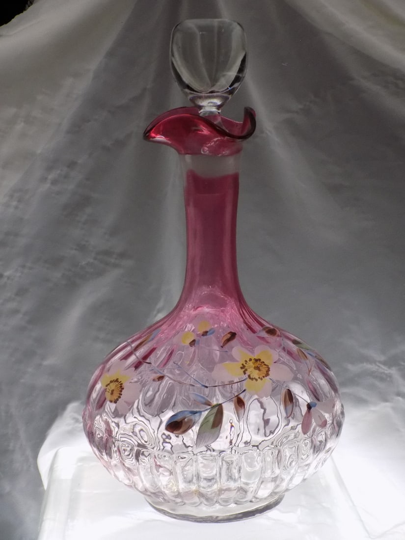 Vintage Rubina enamel decorated thumbprint art glass decanter: Vintage Rubina enamel decorated thumbprint art glass decanter. Beautiful colors and enamel floral decoration. In very good original as found condition. Great quality and detail. 11 5/8 inches tall. Fo
