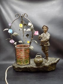 Vintage figural Art Nouveau lamp with man at well