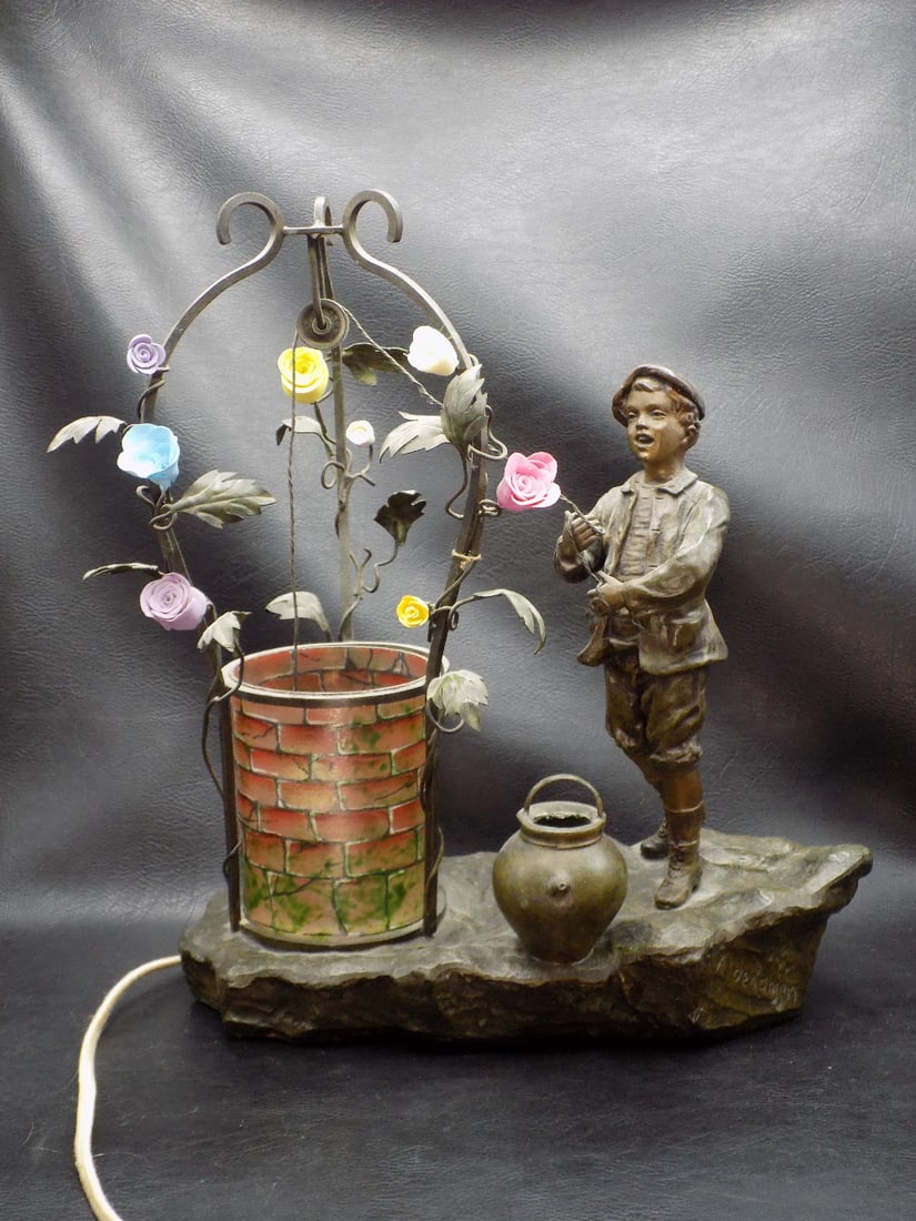 Vintage figural Art Nouveau lamp with man at well (1 of 8)