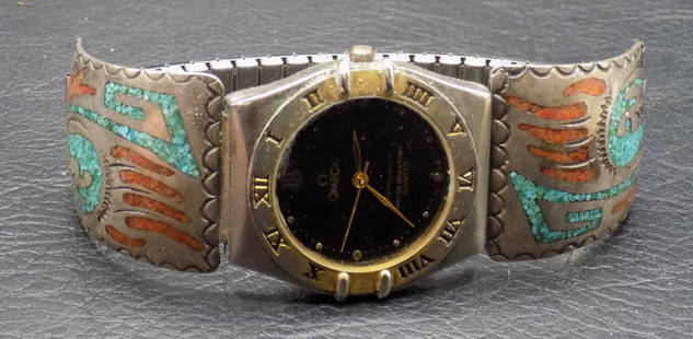 Native American Indian turquois and coral inlaid silver Omega watchband bracelet: Native American Indian turquois and coral inlaid silver Omega watchband bracelet. Artist signed. Marked as shown in photo. Not running, may need a battery. In very good original as found condition. Gr
