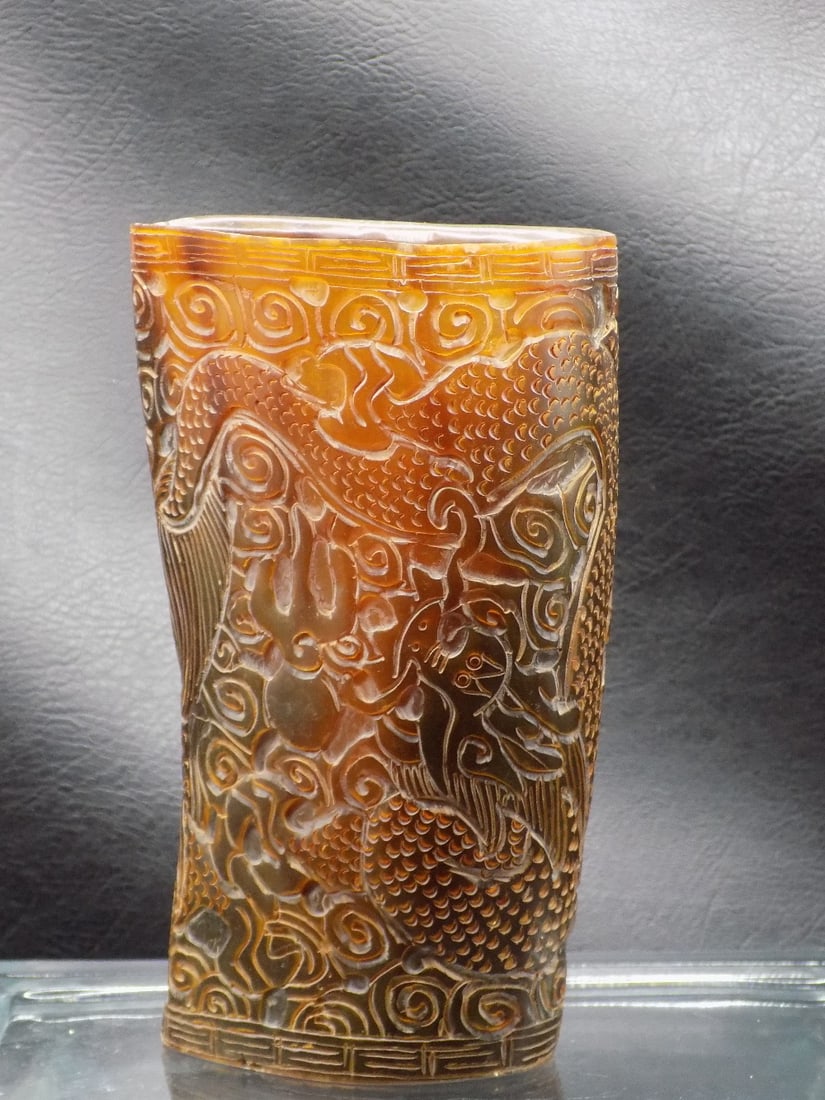 Vintage hand carved Oriental dragon horn vase (1 of 8)