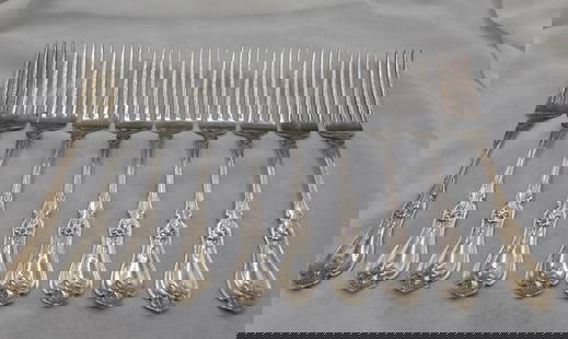 Set of 10 Whiting Violet sterling silver forks.: Set of 10 Whiting Violet sterling silver forks. Marked as shown in photo. In very good original as found condition. Great quality and detail. 6 5/8 inches long. 356 grams total weight. For in house sh