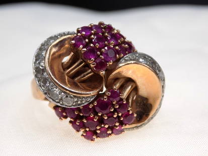 Beautiful vintage ruby and diamond 14k yellow gold ring: Beautiful vintage ruby and diamond 14k yellow gold ring. Size 7. In very good original as found condition. Great quality and detail. For in house shipping. Please call Mike at Thriftiques 319-321-0613