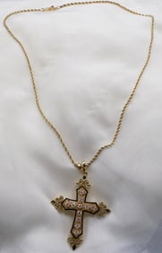 Beautiful vintage diamond 14k yellow gold cross and chain