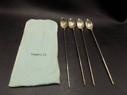 Four signed Tiffany and Co. sterling silver mint leaf sipper straws, julep ice tea spoons.: Four signed Tiffany and Co. sterling silver mint leaf sipper straws, julep ice tea spoons. Marked as shown in photo. 8 &frac14; long. 56 grams. With Tiffany and Co. cloth bag. In very good original as