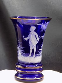 Vintage enamel decorated cobalt blue art glass vase