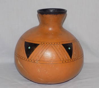 Native American Indian decorated gourde with turquoise: Native American Indian decorated gourde with turquoise. Artist signed D. R. Nance. as shown in photo. In very good original as found condition. Great quality and detail. 10 tall x 10 ½ 