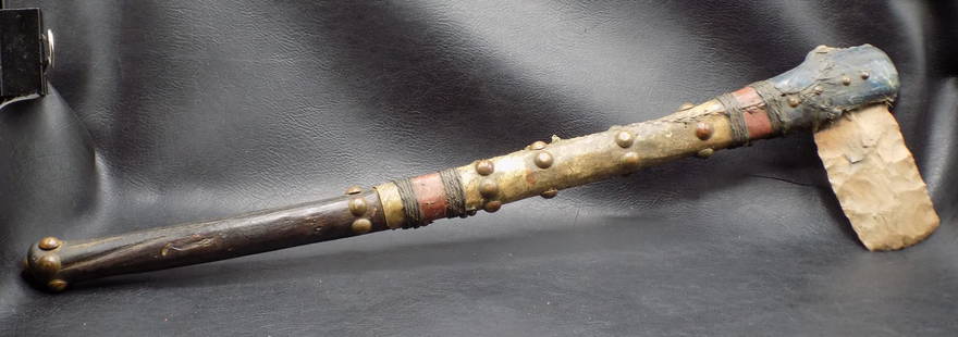 Fabulous antique Native American Indian tomahawk.: Fabulous antique Native American Indian tomahawk. Beautiful colors. In very good original as found condition. Great quality and detail. 21 ½ inches long x 5 ½ inches. For in house