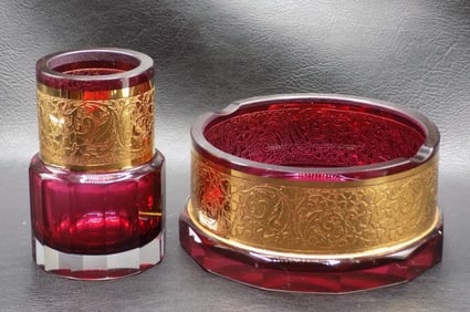 Two vintage Moser art glass cigar tray and match holder