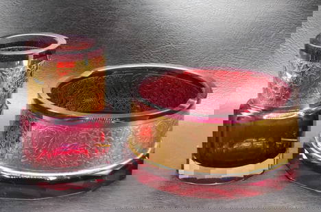 Two vintage Moser art glass cigar tray and match holder: Two vintage Moser art glass cigar tray and match holder. Beautiful deep cranberry colors with gold enamel band. Match holder 3 &frac34; tall. Cigar tray 2 &frac14; tall x 5 inches wide. In very good o