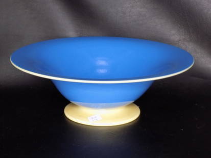 Vintage Steuben blue ivorene and alabaster pedestal bowl: Vintage Steuben blue ivorene and alabaster pedestal bowl. No markings. Beautiful colors. In very good original as found condition. Great quality and detail. 10 ½ wide x 3 ¾ inches tall.