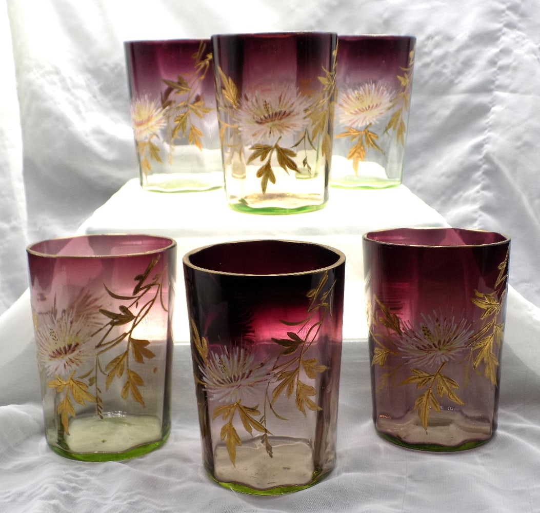 Beautifully decorated vintage amethyst to vaseline set of 6 art glass tumbler glasses (1 of 6)