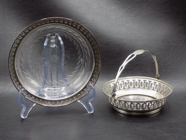 Two vintage sterling silver and cut glass serving pieces