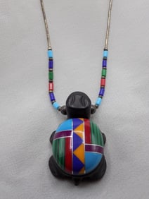 Vintage Native American Indian Zuni inlay turtle necklace